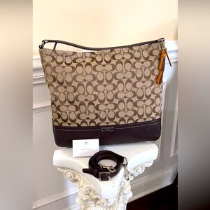 Coach, Brown Signature & Leather Large Tote Hobo/Crossbody/Shoulder Bag.